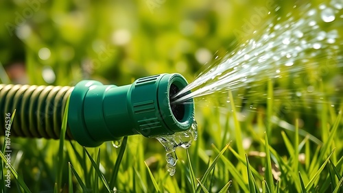 constriction. Green garden hose kinked, spraying water on sunlit grass. event key visuals, club posters, designed for sports event promotions and stadium branding and fitness apps and gym onboarding.