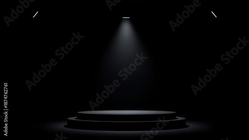 lamellar. Empty award podium with a spotlight on the center position, dark background, simple structure. event key visuals, club posters, designed for fitness apps and gym onboarding.