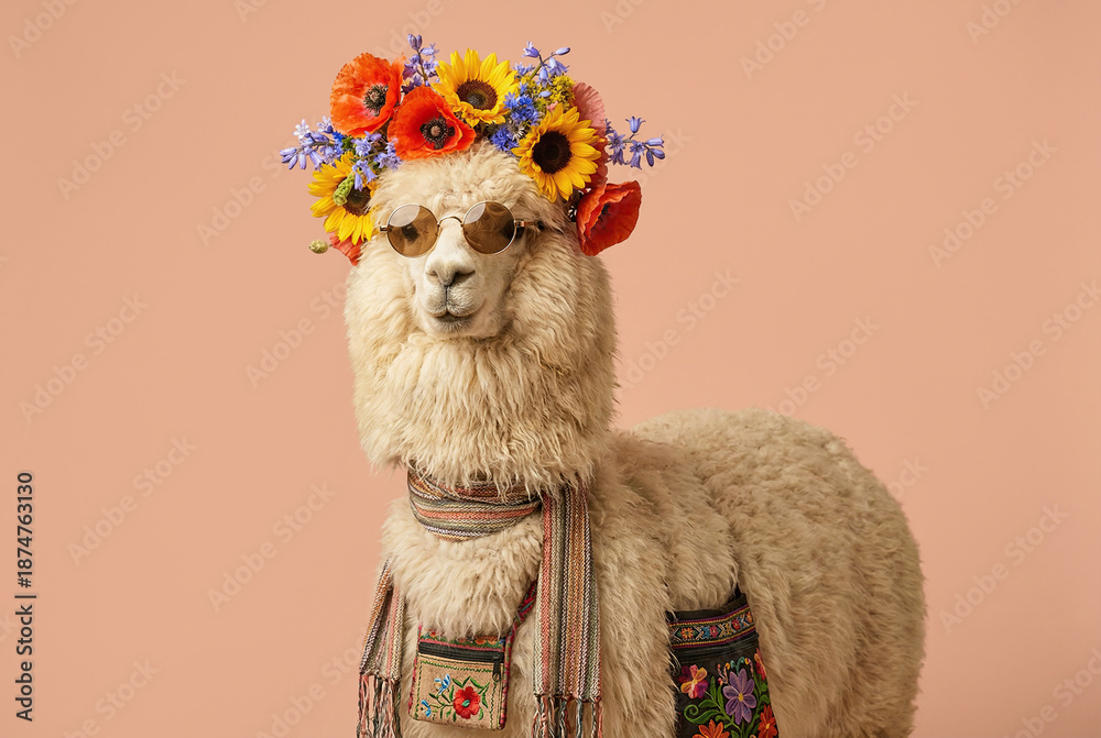 Fototapeta premium Fashionable alpaca wearing a flower crown and sunglasses with saddle bags 