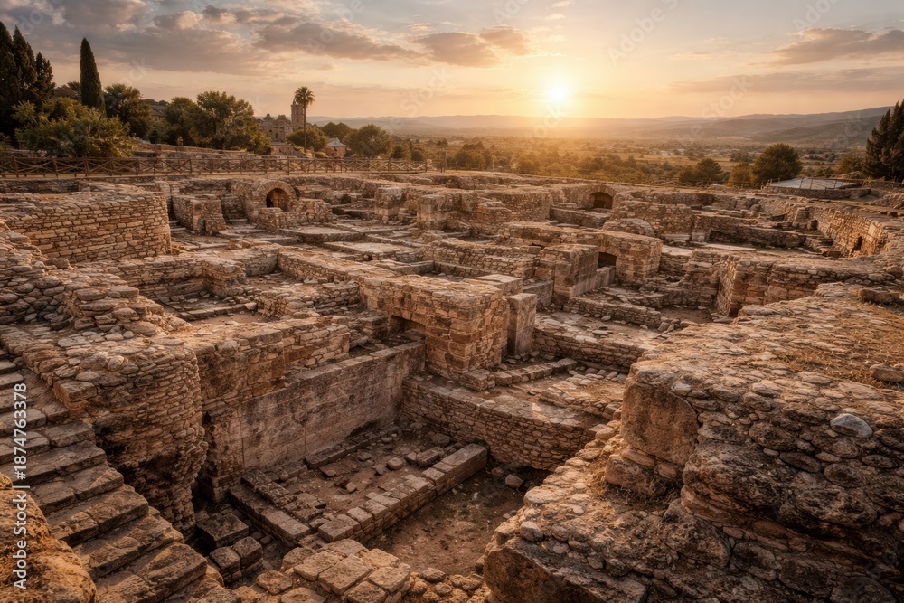 Obraz premium Sunset casts warm light over a series of stone structures at an archaeological site, demonstrating signs of ancient civilization and history