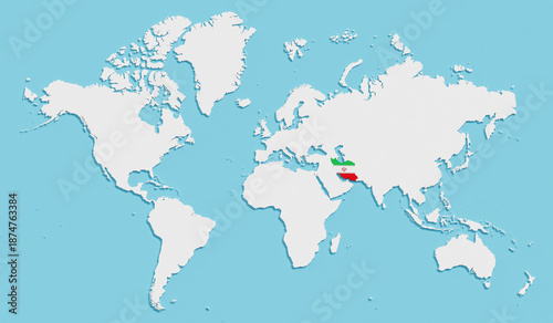 World Map with Iran covered with the flag of the Islamic Republic of Iran.