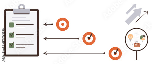 Business strategy, goal setting, productivity, analysis, efficiency, focus. Clipboard with checklist, target symbols magnifying glass with arrows. Business strategy and goal setting visualization