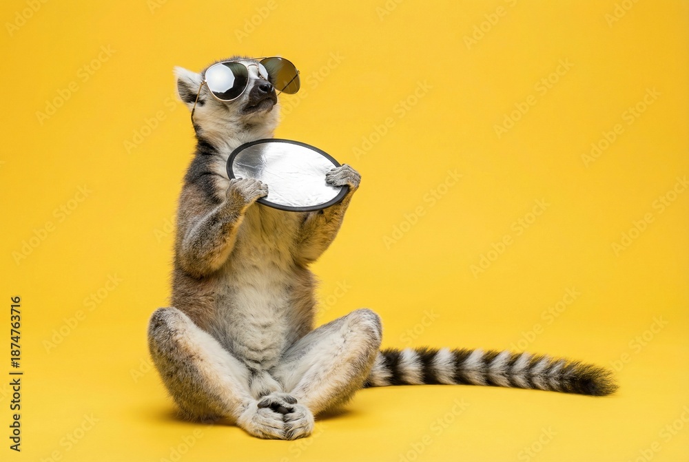 Fototapeta premium Ring-tailed lemur wearing sunglasses holds a reflector against a yellow background