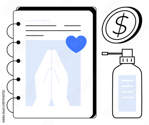 Health awareness, prayer, charity, wellness, hygiene, donation concepts. A notebook with praying hands and a heart, alongside hand sanitizer and a dollar coin. Health awareness and charity