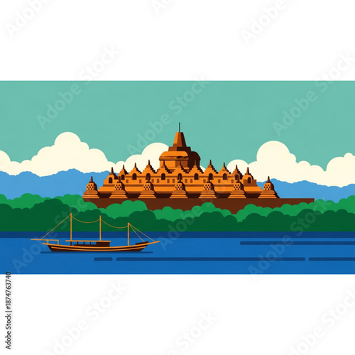 Illustration of a traditional boat on a calm blue lake with a grand ancient temple surrounded by lush green trees and distant mountains under a clear sky.