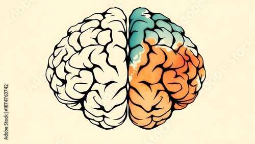 hemispheres. Illustration of a human brain split into logical geometric patterns and creative fluid brushstrokes. wellbeing guides.