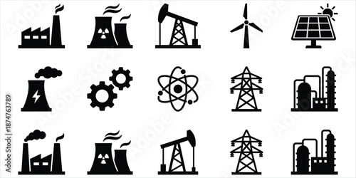 Black and white icons representing different energy sources and industrial facilities Keywords: energy, power, industry, factory
