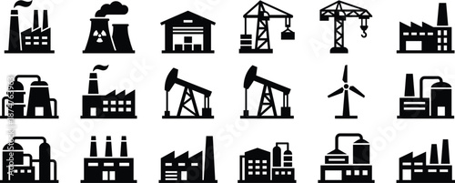 Collection of industrial factory and energy production icons in black silhouette Keywords: factory, industry, power, energy