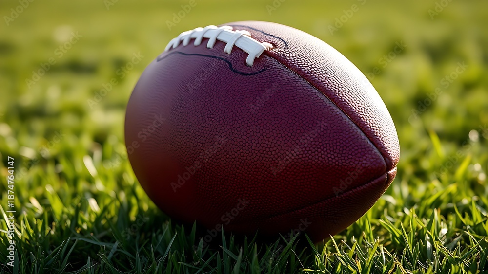 Obraz premium rugby. An American football lies on a grassy field, its textured leather and stitching details clearly visible. event key visuals.