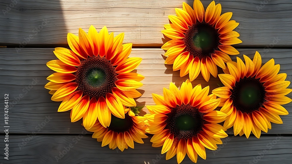 Fototapeta premium topdown. Vibrant sunflower blossoms arranged symmetrically on a weathered wooden surface under natural morning light. gardening catalogs.