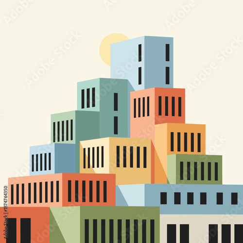 Colorful isometric abstract cityscape illustration depicting a collection of unique stacked block buildings under a bright sun, symbolizing modern urban development and architectural design