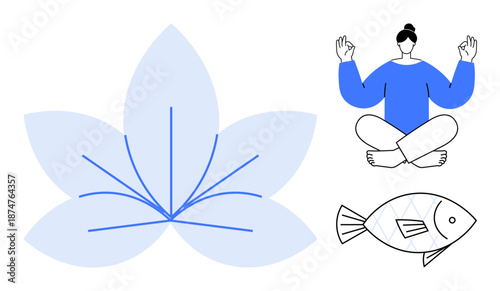 Wellness, calmness, mindfulness, meditation, natural harmony, eco-living. A lotus flower, person meditating and a fish in simple design. Wellness and calmness inspired concept