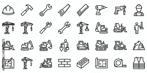 Construction Tools and Equipment Icons in Line Art Style Keywords: construction, tools, equipment, building, industry, icon, set