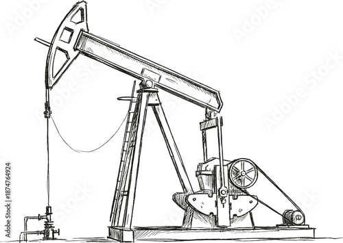 Hand Drawn Sketch Of An Oil Pump Jack On White Background Keywords: oil pump jack, pumpjack, oil rig, oil extraction, petroleum