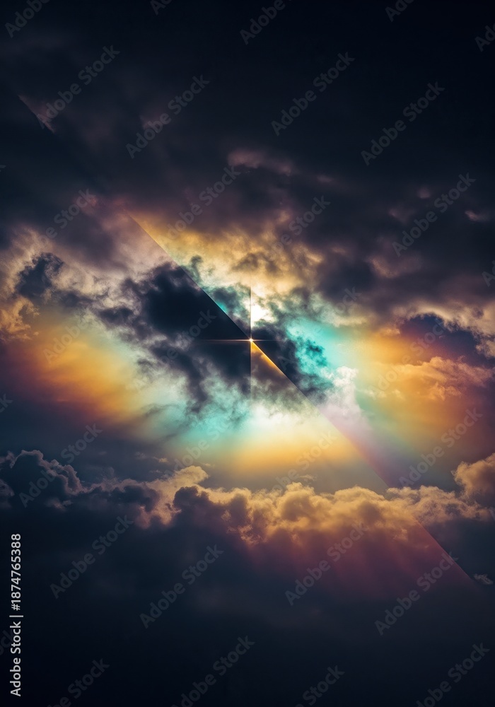 Fototapeta premium Celestial Panorama: An ethereal spectacle unfolds in the sky, where the sun's radiant beams pierce through the dark, cloud-filled expanse, illuminating a dazzling spectrum of colors. 