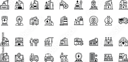 Set of industrial and energy production line art icons Keywords: factory, industry, power, energy, production, plant