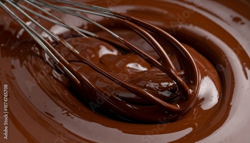 Indulgent dark liquid chocolate being expertly stirred with a shiny metal whisk, creating beautiful swirls and a rich, smooth consistency perfect for a variety of dessert creations