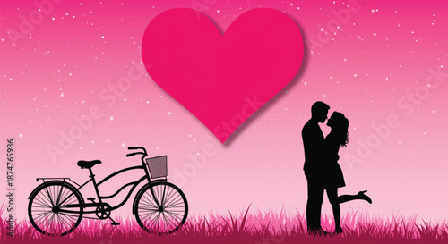 A romantic illustration featuring black silhouettes of a couple embracing against a gradient pink sky with a large, bright pink heart floating above them. A bicycle is parked in the foreground grass.
