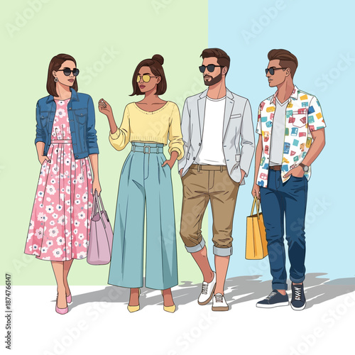 Diverse group of stylish young adults walking, fashion illustration