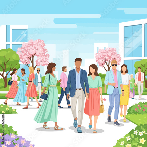 Diverse people walking in a modern city park with blooming cherry trees