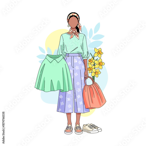 Spring fashion illustration: outfit, accessories, daffodils, and leaves