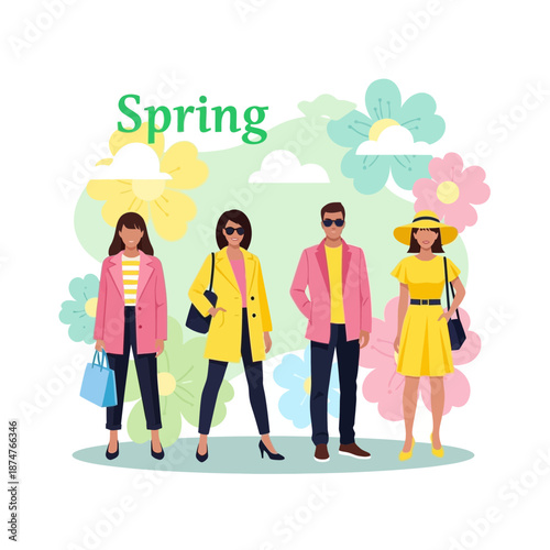 Spring fashion people, bright outfits, floral background, seasons concept