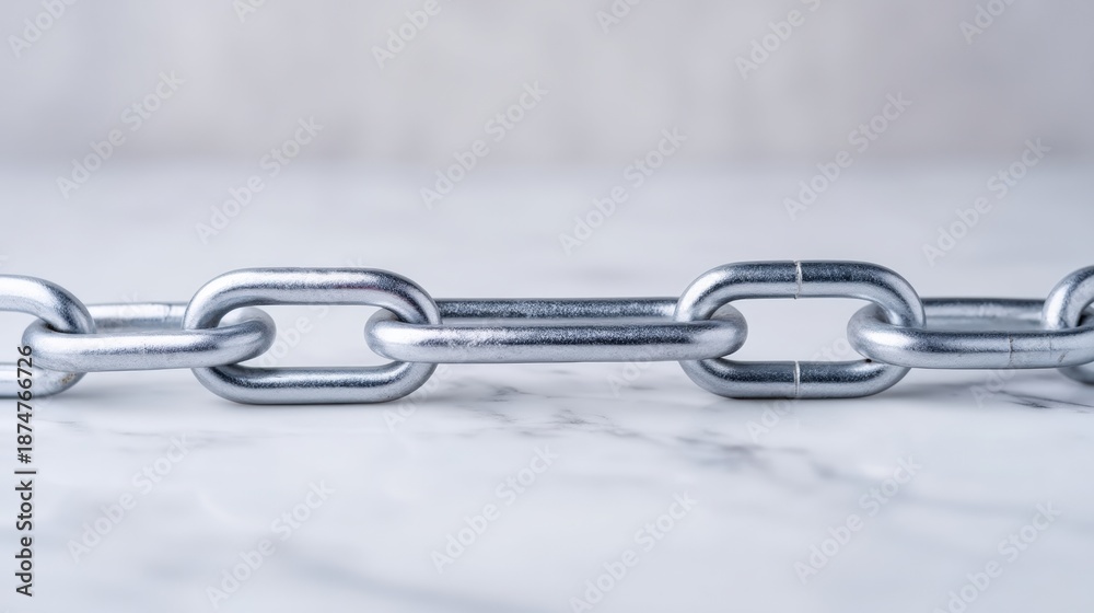 Fototapeta premium National Freedom Day and justice heritage, A close-up image of a shiny silver metal chain lying on a marble surface, emphasizing its links and texture.