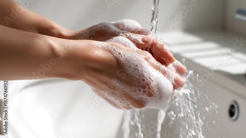 Close-up of hands being washed with soap and water, creating foam and bubbles.