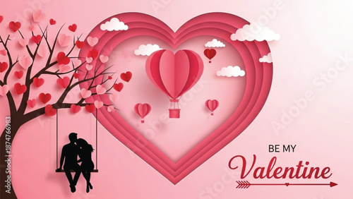 A paper cutout style valentines day scene with couple on swing under pink heart hot air balloons and tree.