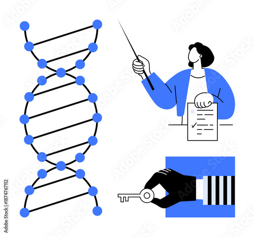 DNA helix structure, teacher with document and pointer, hand holding key. Ideal for science, education, innovation, research, discovery data security biotechnology. Flat and simple metaphor