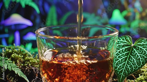Golden amber liquid being poured into a clear glass surrounded by lush green foliage and glowing mushrooms