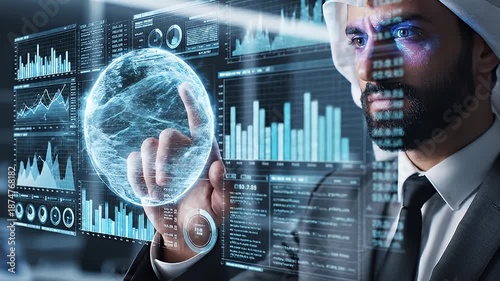 Futuristic Data Analysis and Digital Interface Interaction.