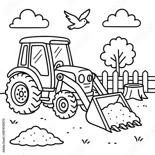 Tractor in a Field: A charming line-art illustration depicts a robust tractor amidst a pastoral scene, its front loader brimming with earth, a gentle dove soaring above, inviting exploration.