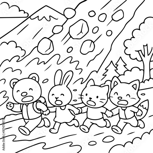 Escape from Mountain:  A brave band of charming animal friends races away from an avalanche in a heart-stopping rescue, with teamwork! This black and white cartoon embodies a spirit of courage.