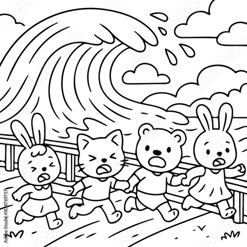 Cartoon Tsunami Escape: A group of frightened, cartoon animals scramble to escape from a massive tsunami wave, a scene filled with both peril and adorable cartoon imagery. 