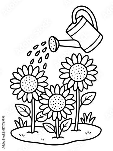 Watering the Blossoms: A cheerful illustration showcases the gentle care of sunflower, as water cascades from a watering can, nurturing the flourishing plants.
