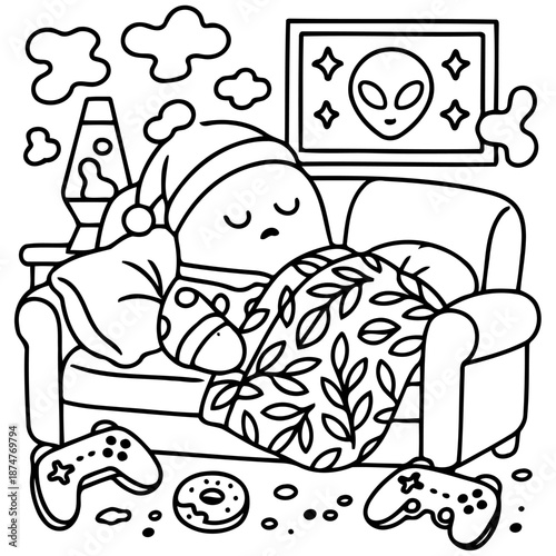 Dreamland Scene: A character peacefully sleeps on a cozy sofa, surrounded by whimsical elements, in a cartoon-style. 