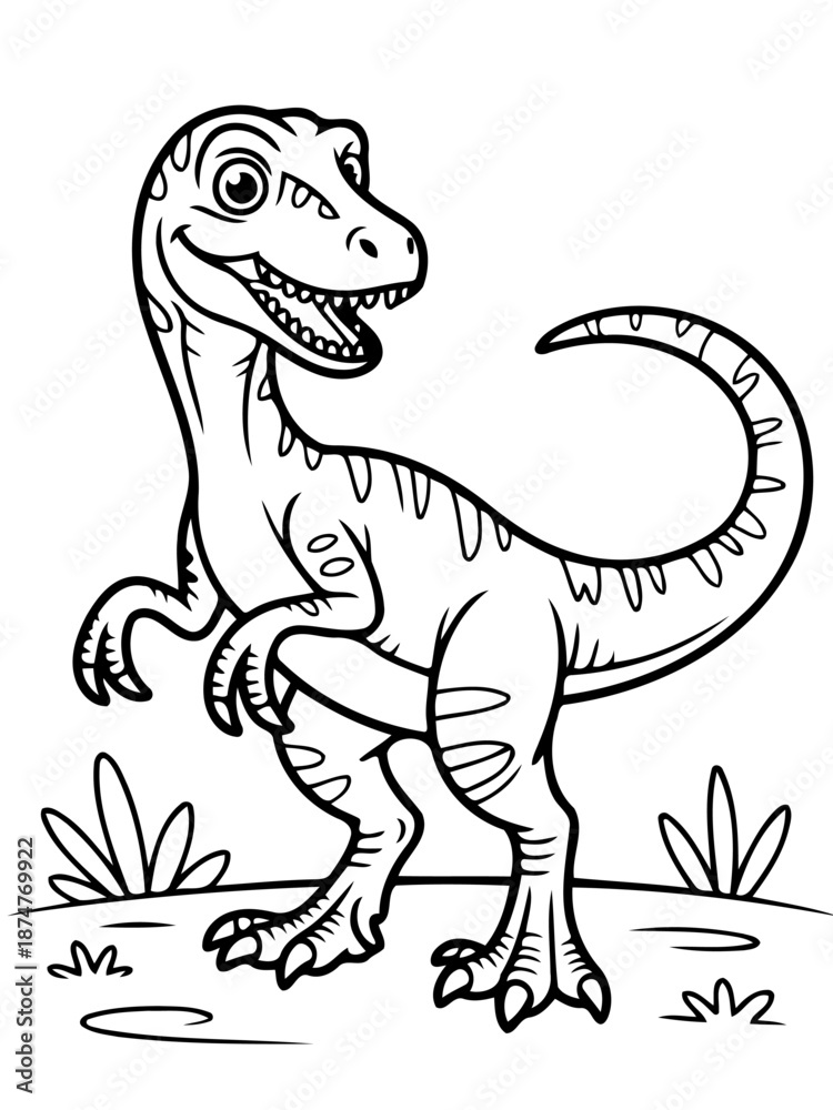 Fototapeta premium Dinosaur Illustration: A charming, friendly dinosaur, depicted in a delightful black and white illustration, stands in a whimsical field with playful grass accents. 