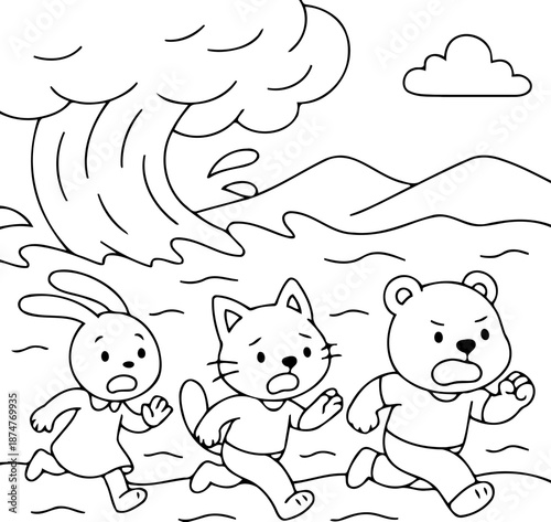 Alarmed Escape: Three animated animal figures flee in terror, desperately trying to outrun a massive tidal wave, a stark reminder of nature's formidable power.