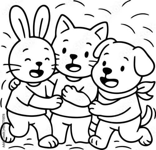 Friends in unity: a sketch of happy bunny cat and dog celebrating their friend's support and togetherness. a beautiful expression of the concept of friendship.