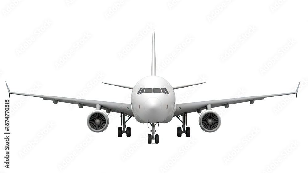 Obraz premium Front view of a white commercial airplane with engines and landing gear