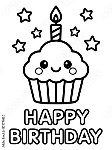 Festive Cupcake: A cheerful cupcake adorned with a candle and stars announces Happy Birthday, perfect for birthday celebrations.