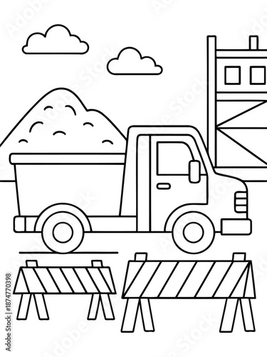 Construction Site Vehicle: A monochromatic image showcasing a construction site scene with a truck laden with material, a barrier, and an unfinished structure, all set against a backdrop of clouds.
