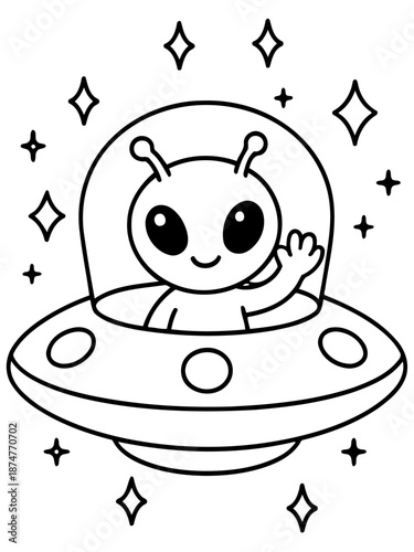 Friendly Alien in Space: A charming alien in a UFO, waves hello, inviting viewers on an intergalactic adventure, framed by a sparkling cosmic backdrop.