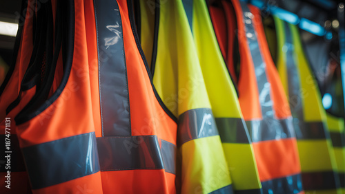 High visibility safety vests in orange and yellow hanging in a row
