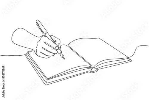 A single line drawing of a hand writing in an open book