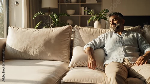 Relaxed Man Sitting on Couch in Bright Living Room.