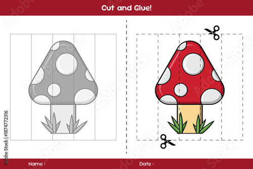Cut and glue of mushrooms. Education paper game for kids. Glue game for kids. Educational children's game. Template for cut and glue