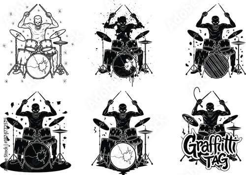 Graffiti drummer vector illustration, energetic music art, silhouette percussionist, urban street style, black and white drum set design, artistic rhythm motion