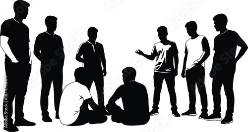 Group of men silhouettes in discussion illustration, teamwork and communication concept, social interaction scene, black and white vector design for community projects
